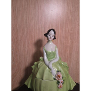 Art Deco Nancy Pert Erphila Germany Green Dresser Doll Powder Dish 5.75"